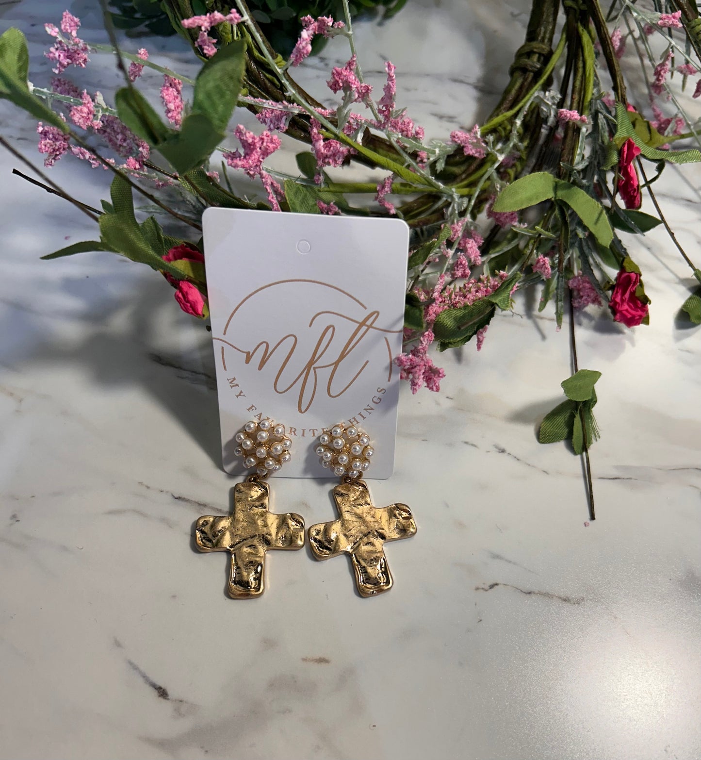 Gold Cross and Pearl Drop Earrings