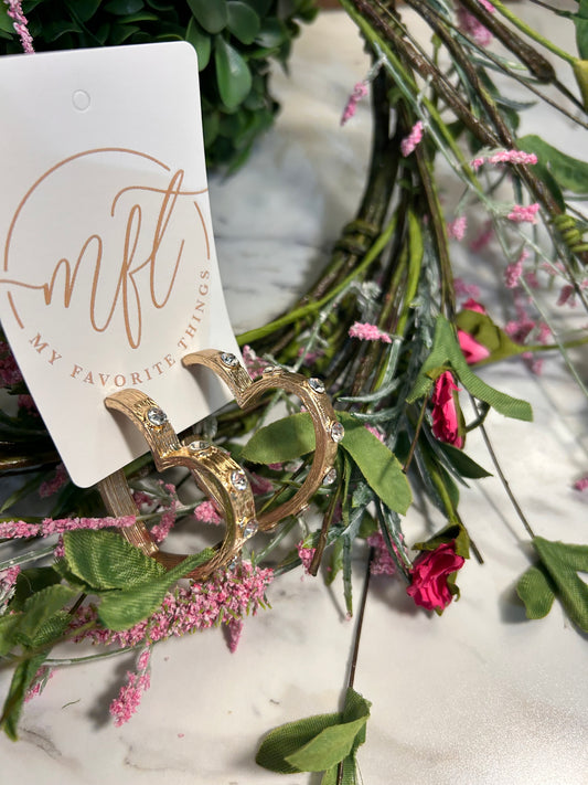 Gold Heart Shaped Hoops with Crystal Studs