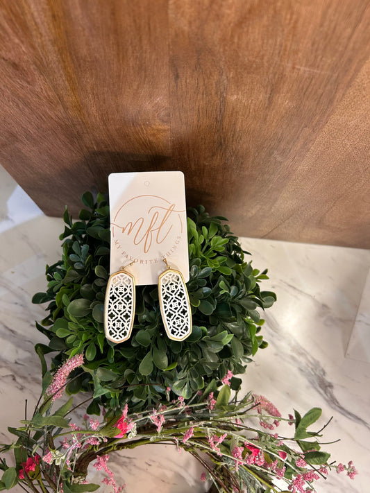 White and Gold Filigree Rectangle Drop Earrings