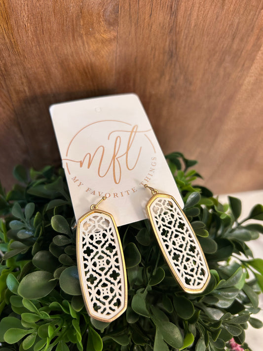 White and Gold Filigree Rectangle Drop Earrings