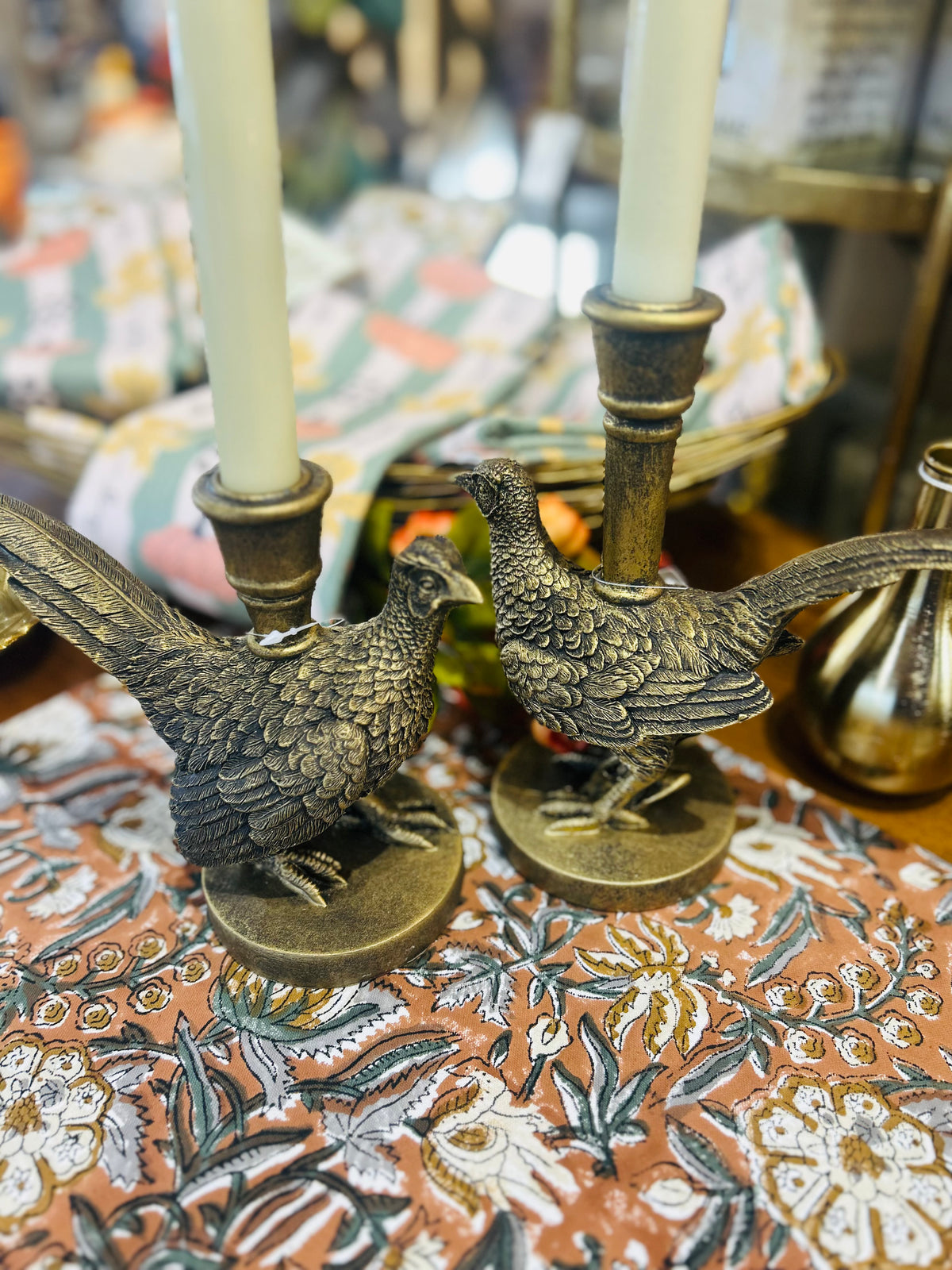8.5" RESIN PHEASANT CANDLE STICKS Set of 2