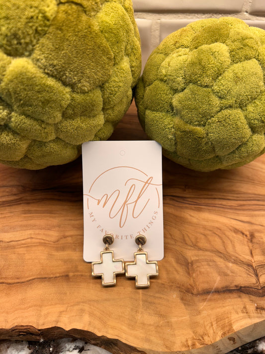 Gold & White Cross Drop Earrings