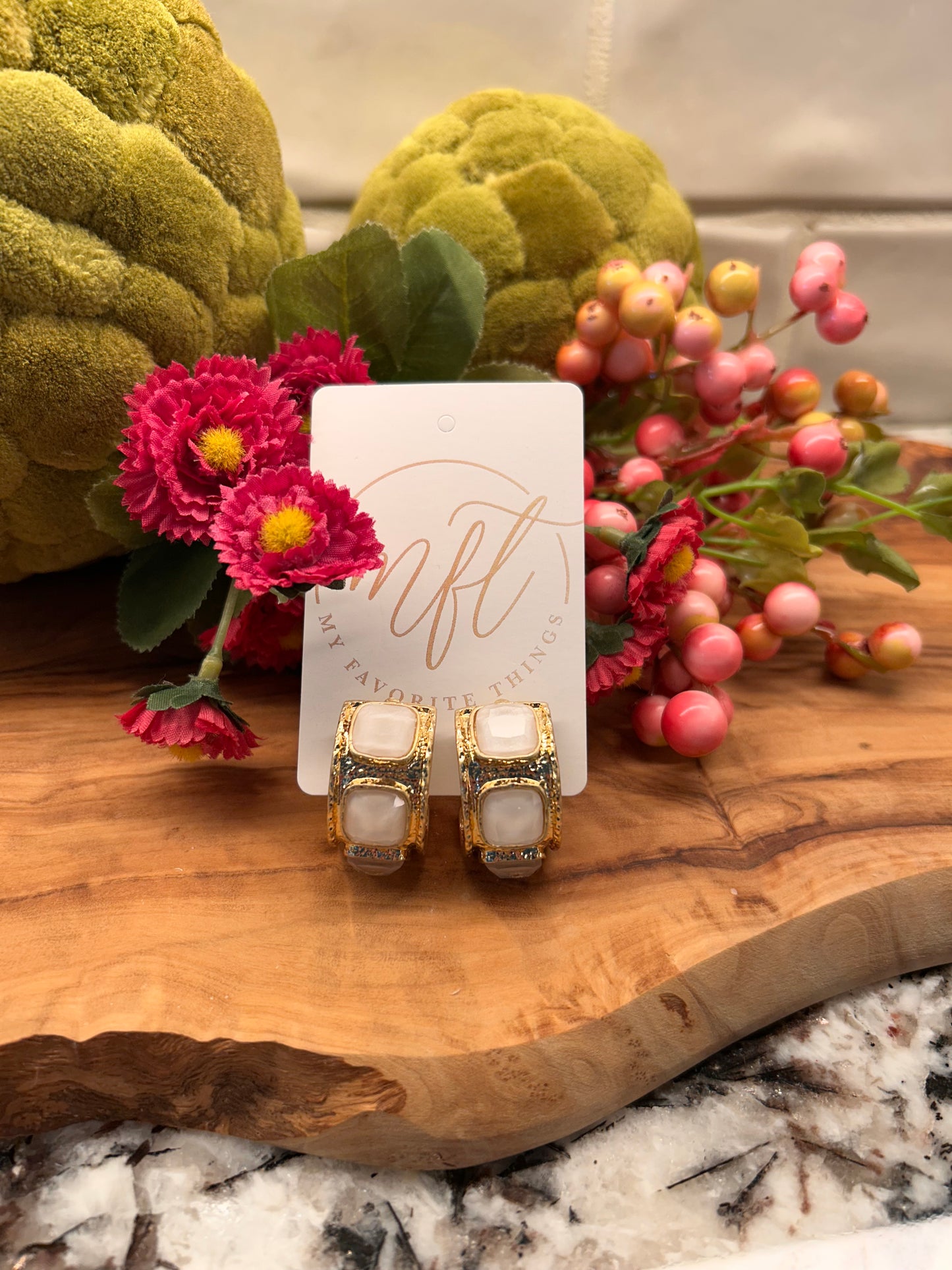 Gold and White Stone Wide Hoop Earrings