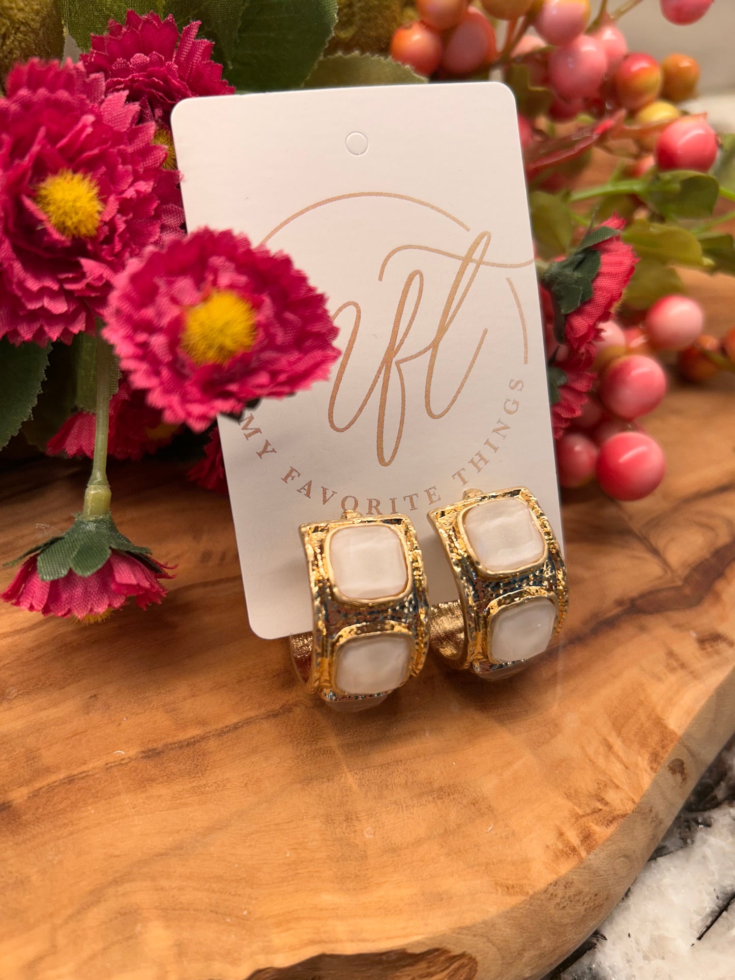 Gold and White Stone Wide Hoop Earrings