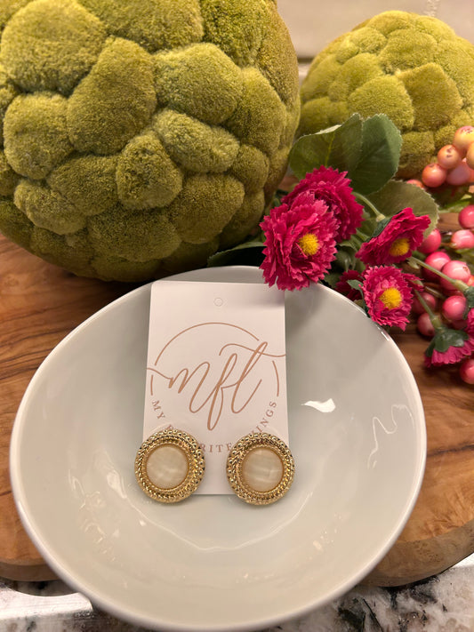 Ivory and Gold Round Stud Earrings
