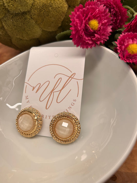 Ivory and Gold Round Stud Earrings