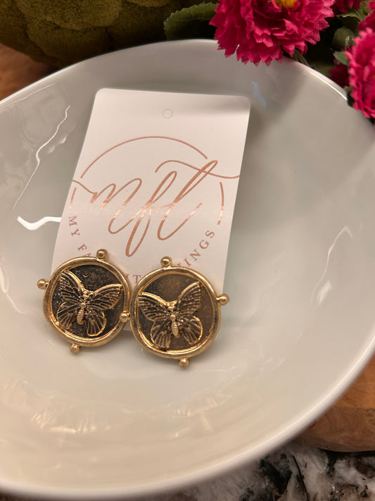 Butterfly Gold Coin Style Earrings