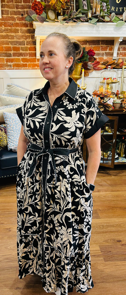 Black Leaf Print Dress