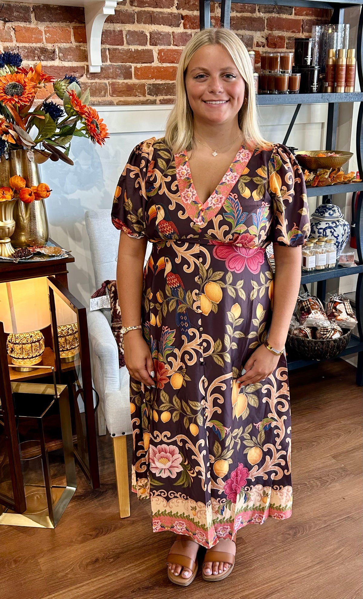 brown tropical dress Print Midi – My Favorite Things modern style dress Waist Size:39″ Diva miniature mannequin with dropped shoulders and long
