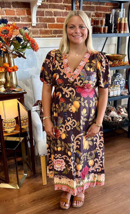 Brown Tropical Print Midi Dress
