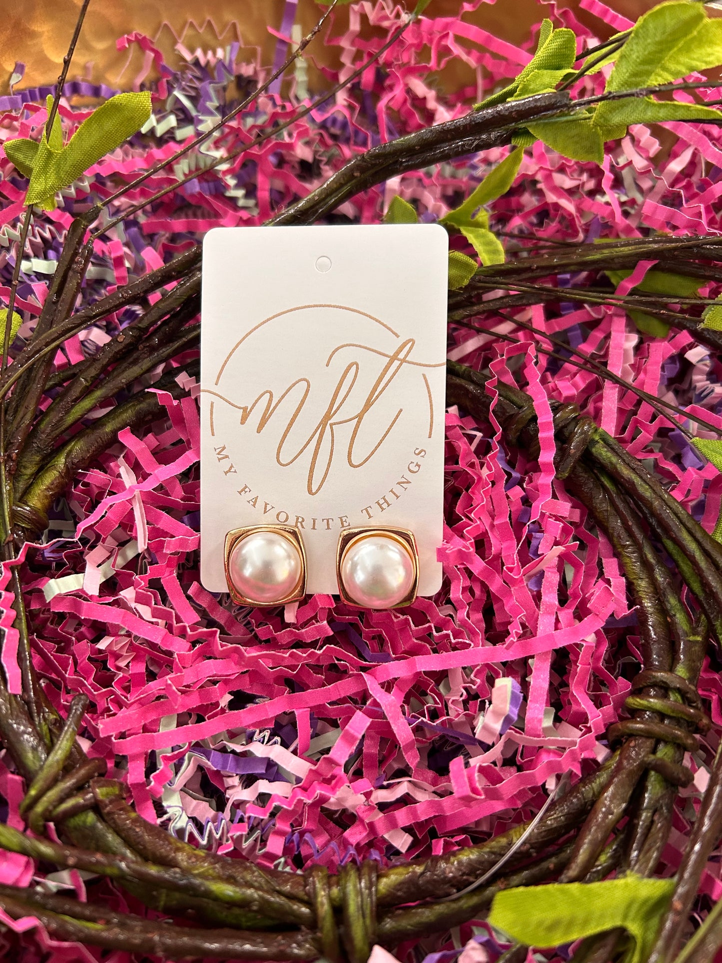 Pearl & Gold Square Stud Earrings