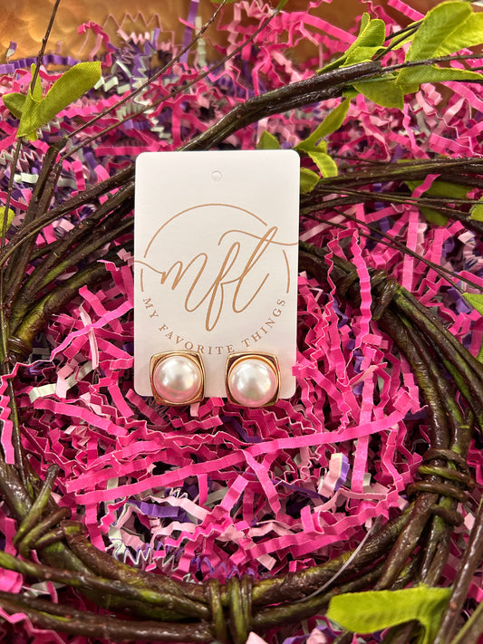 Pearl & Gold Square Stud Earrings