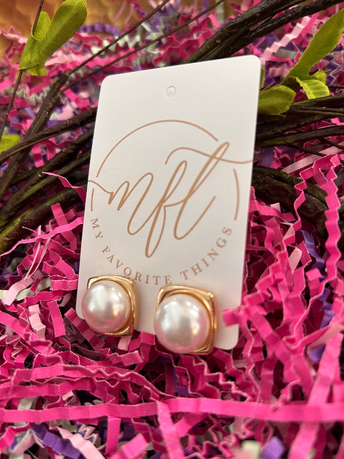 Pearl & Gold Square Stud Earrings