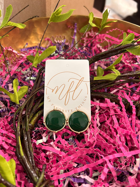 Round Green Stone & Gold Stud Earrings