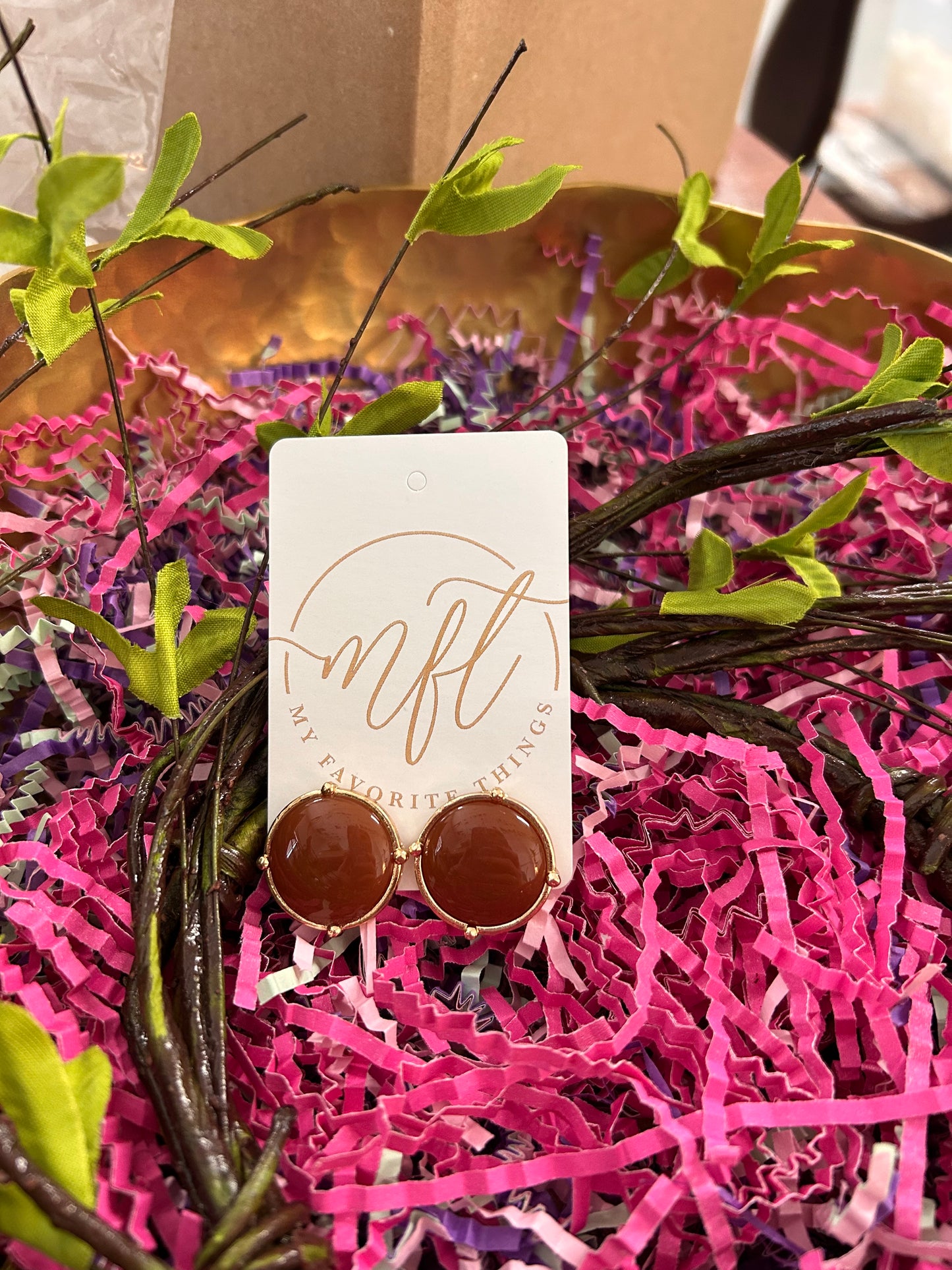 Round Brown Stone & Gold Stud Earrings