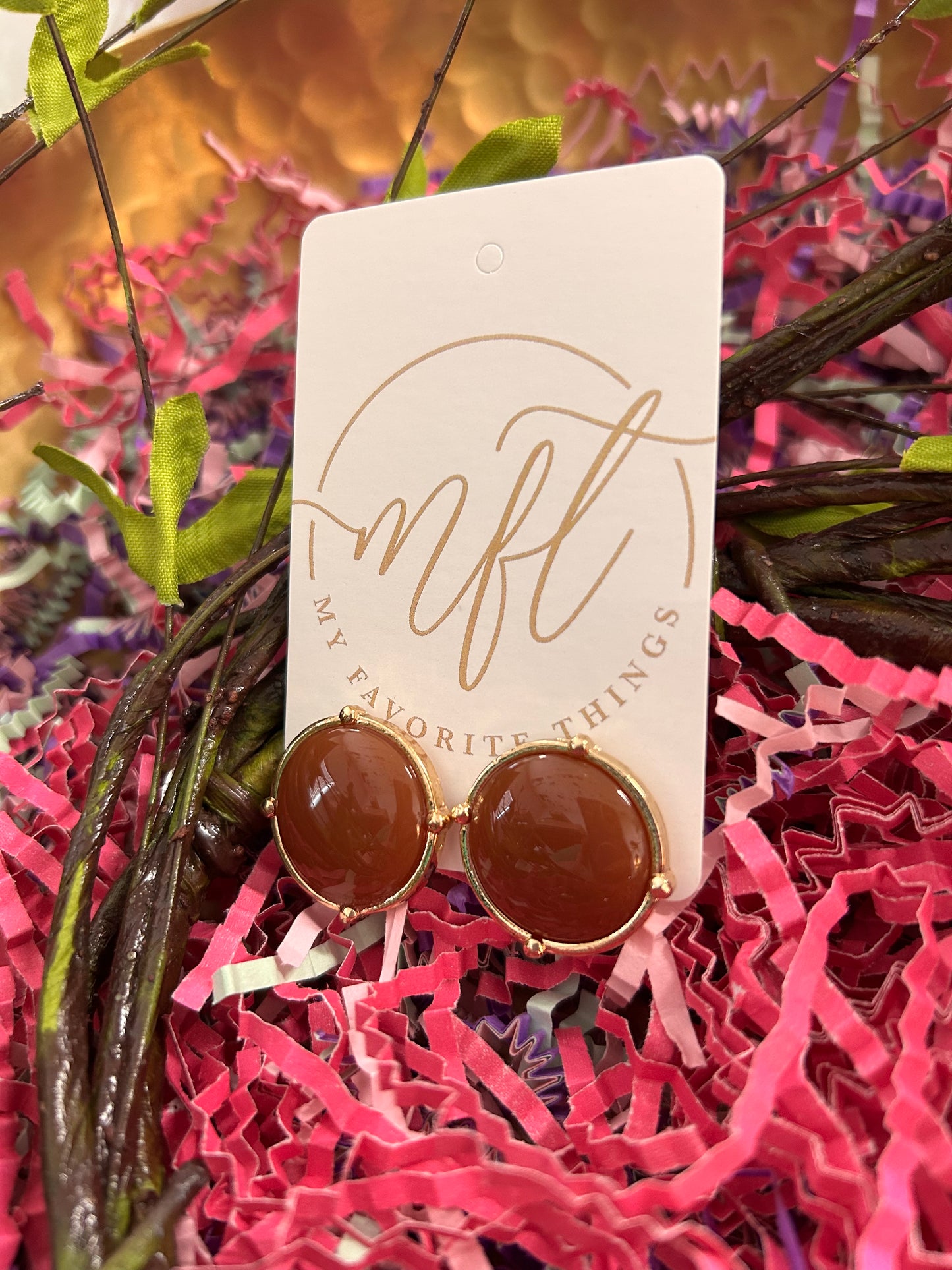 Round Brown Stone & Gold Stud Earrings
