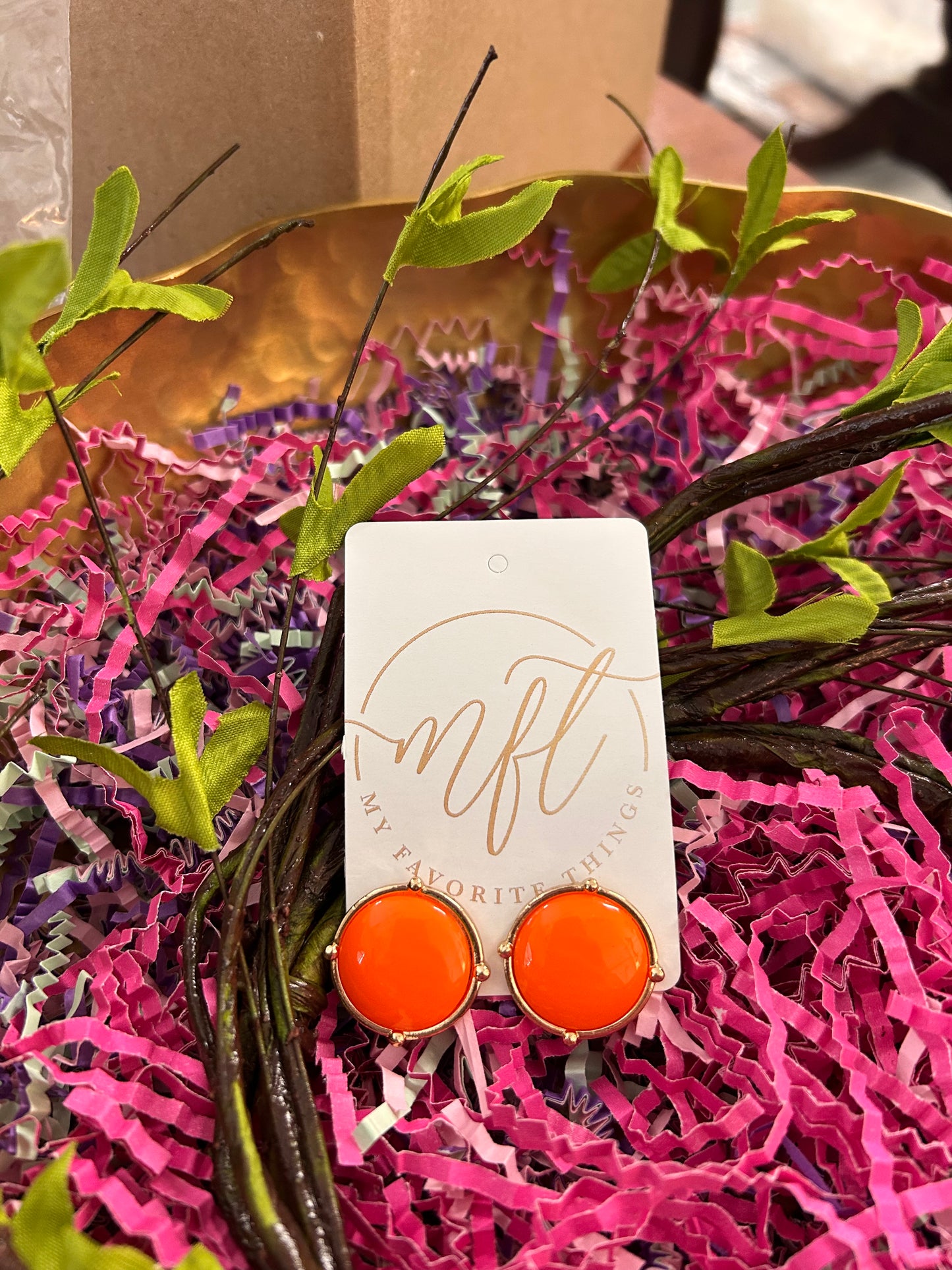 Round Orange Stone & Gold Stud Earrings