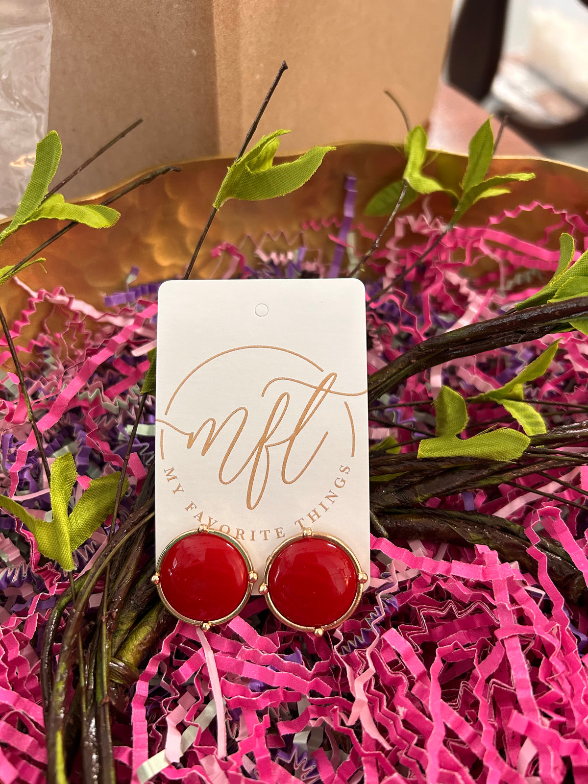 Round Red Stone & Gold Stud Earrings