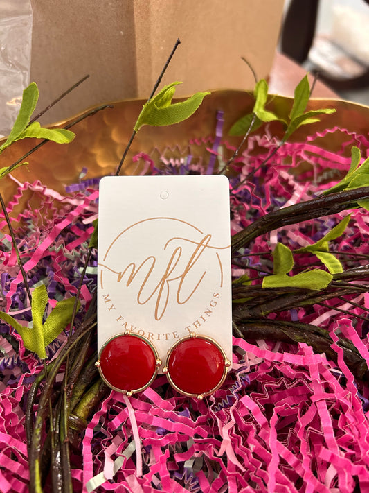 Round Red Stone & Gold Stud Earrings