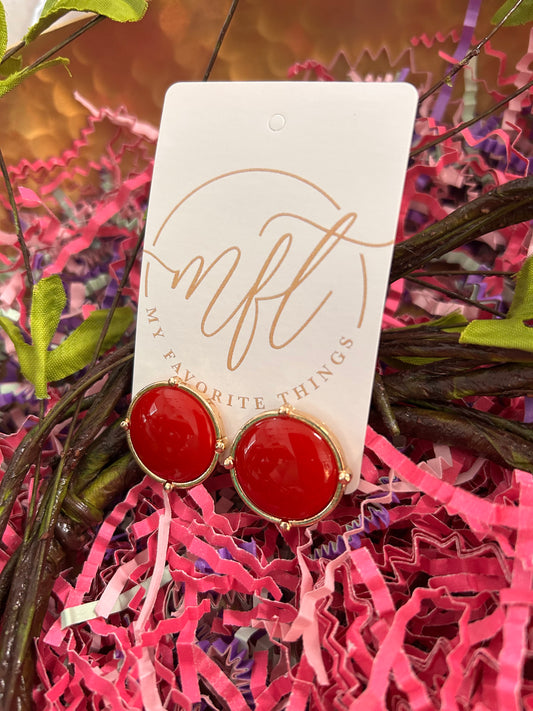 Round Red Stone & Gold Stud Earrings