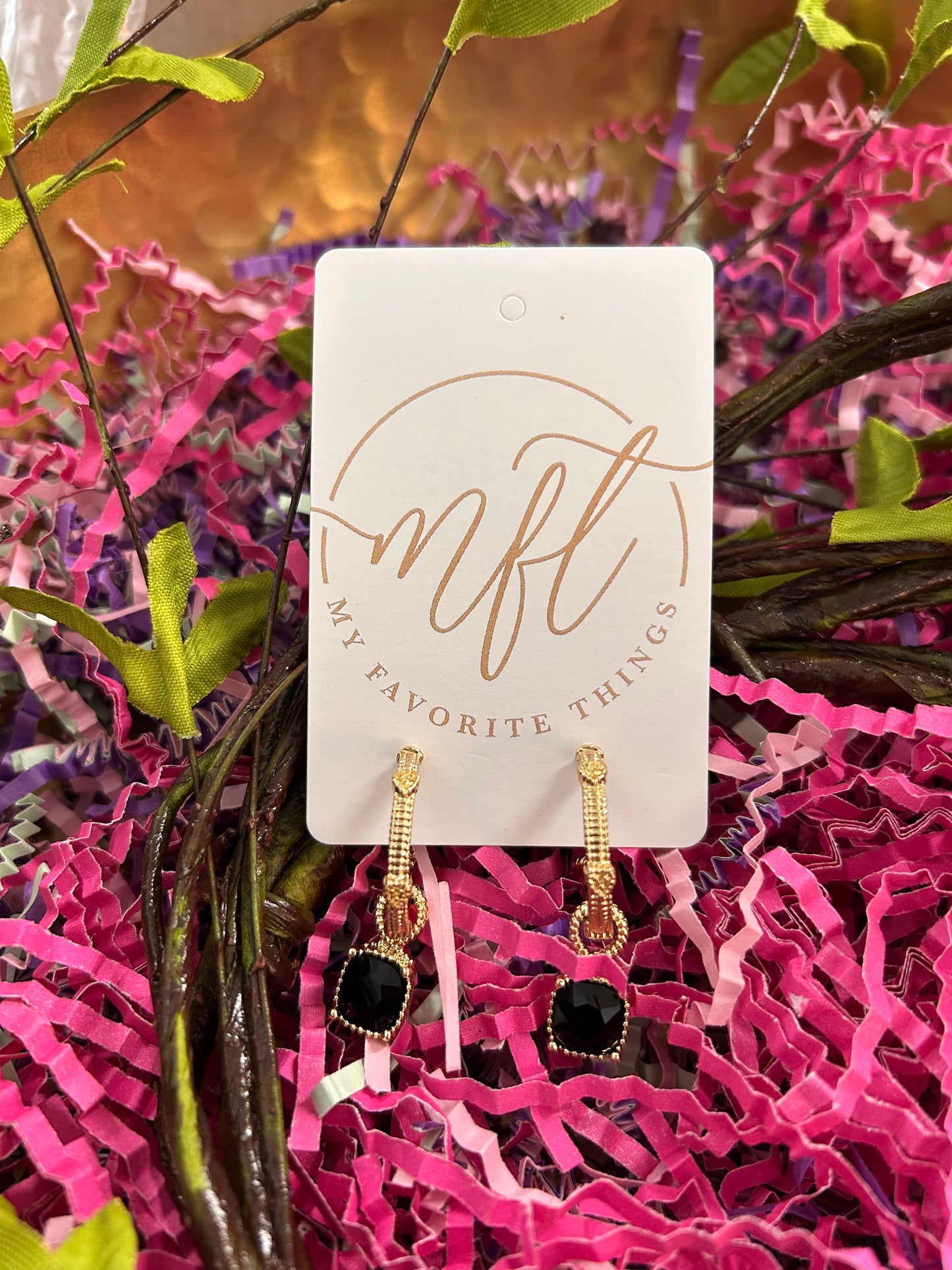 Gold Ribbed Hoop with Black Crystal Drop Earrings