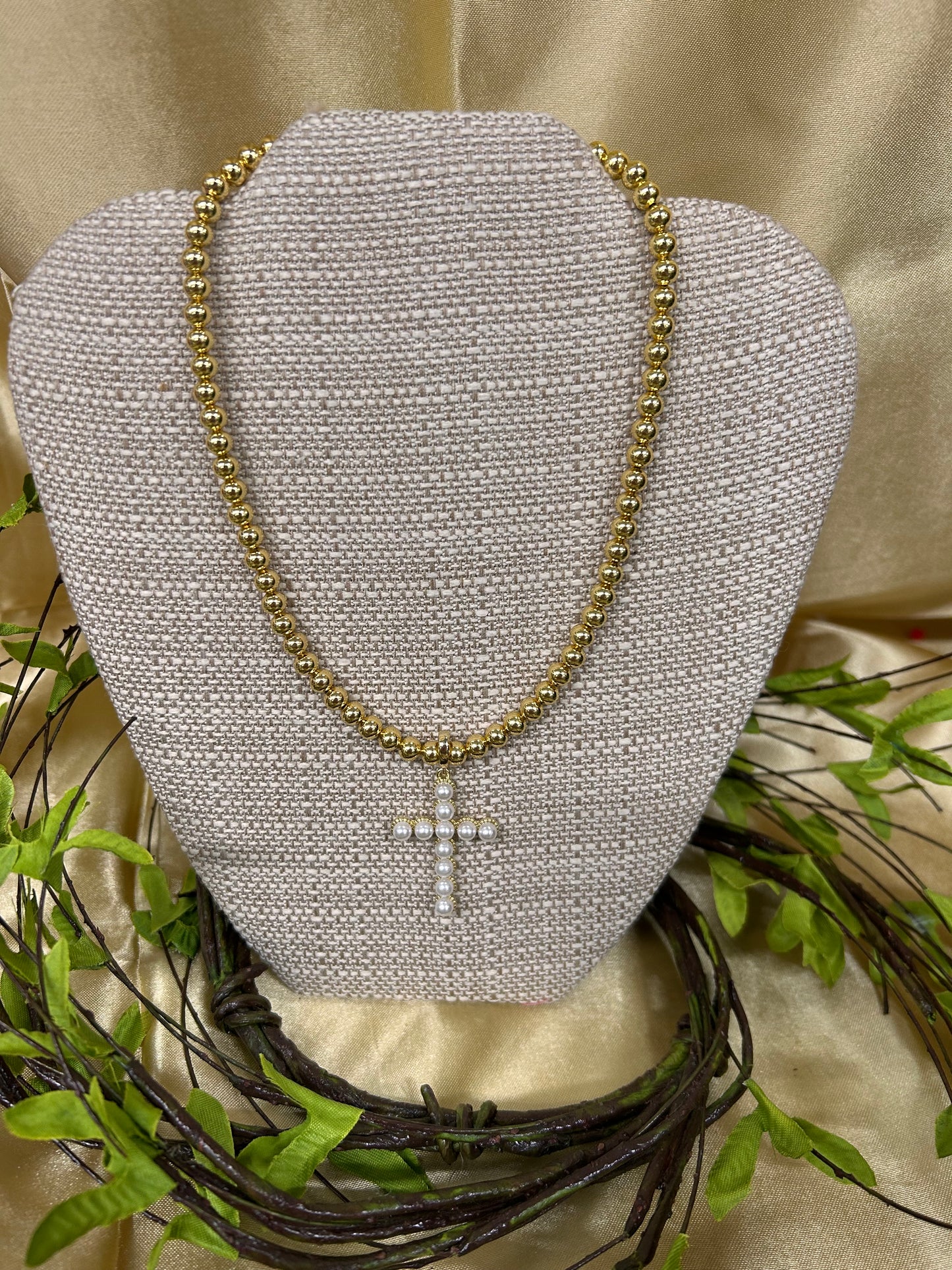Gold Beaded Necklace with Charm