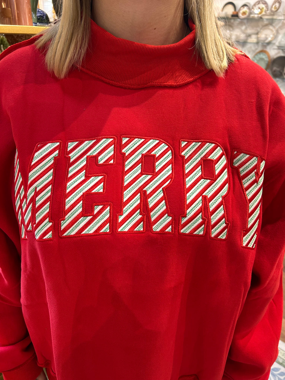 Merry Embroidered Mock Neck Sweatshirt