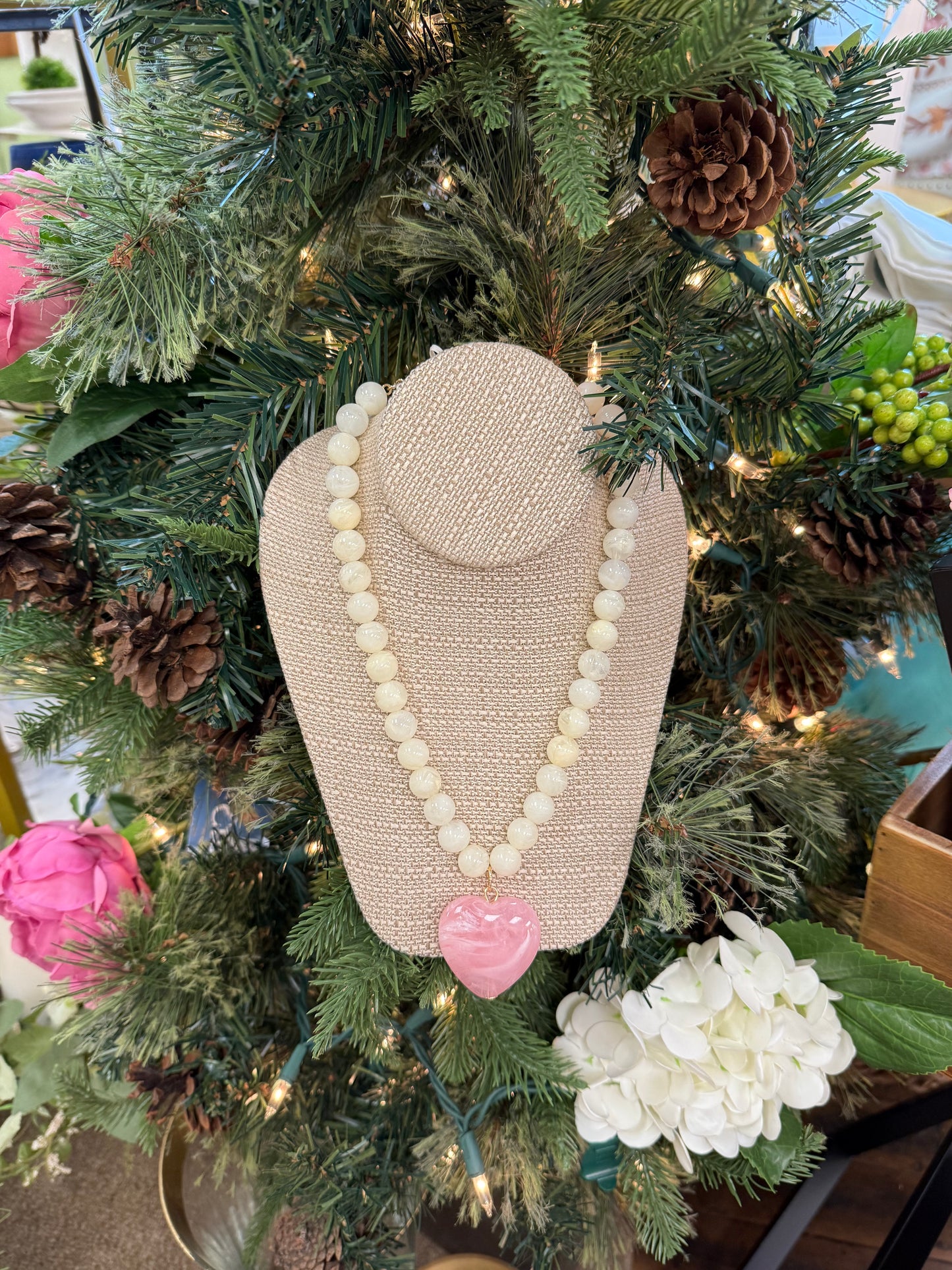 Light Pink Heart on Cream Pearl Necklace