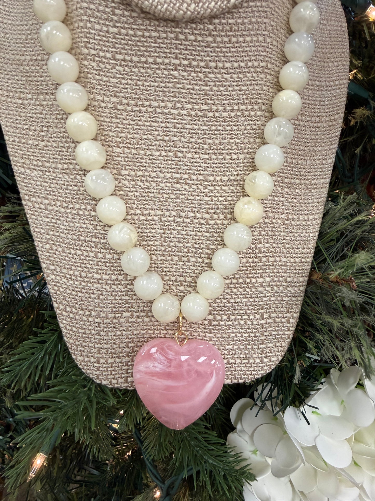 Light Pink Heart on Cream Pearl Necklace
