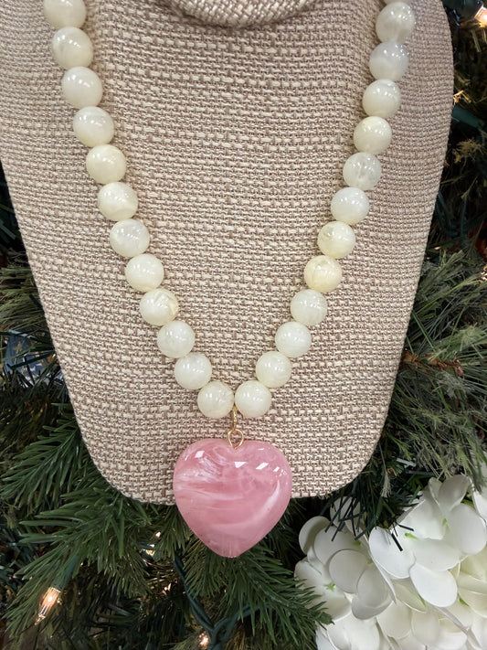 Light Pink Heart on Cream Pearl Necklace