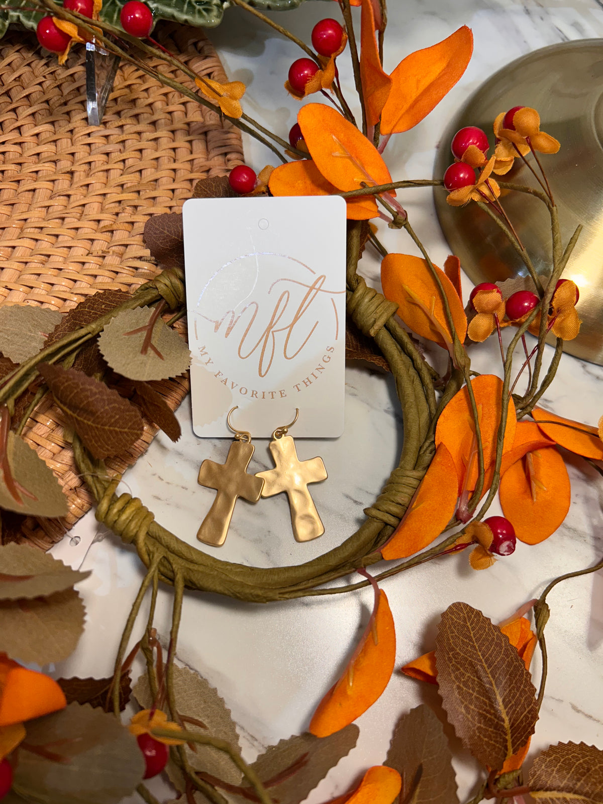 Hammered Matte Gold Cross Earrings
