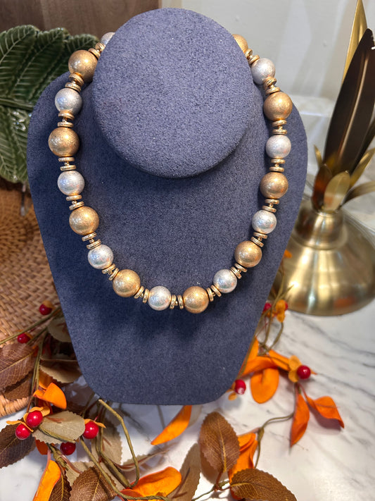 Matte Gold & Silver Beaded Necklace with Magnetic Closure