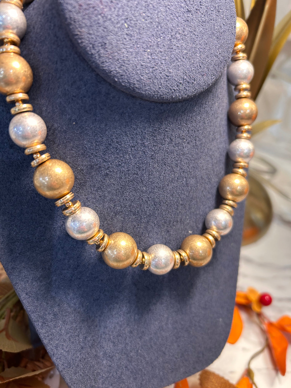 Matte Gold & Silver Beaded Necklace with Magnetic Closure