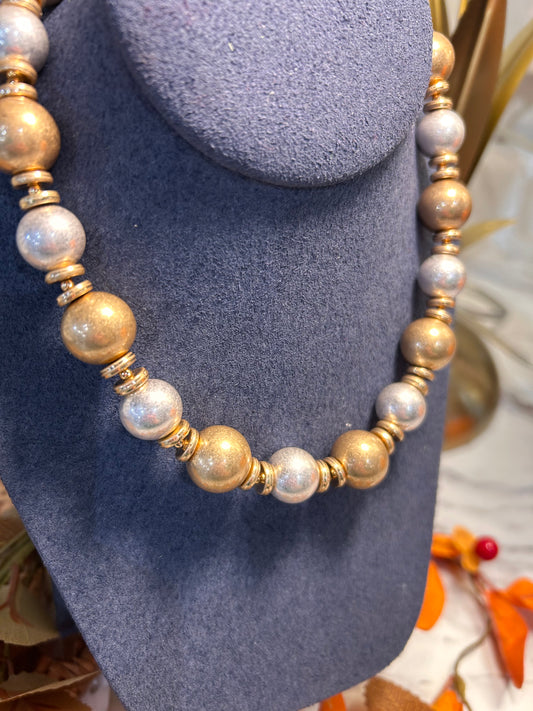 Matte Gold & Silver Beaded Necklace with Magnetic Closure