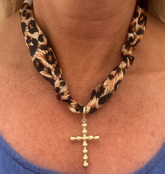 Cheetah Print Knotted Scarf Necklace w/Cross Charm