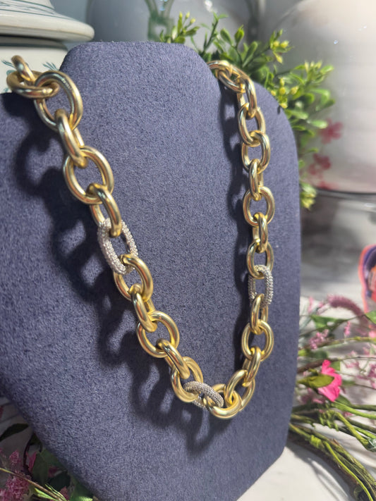 Gold Statement Link Necklace with Pavé Accents