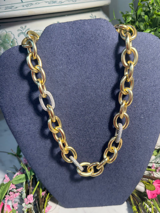 Gold Statement Link Necklace with Pavé Accents