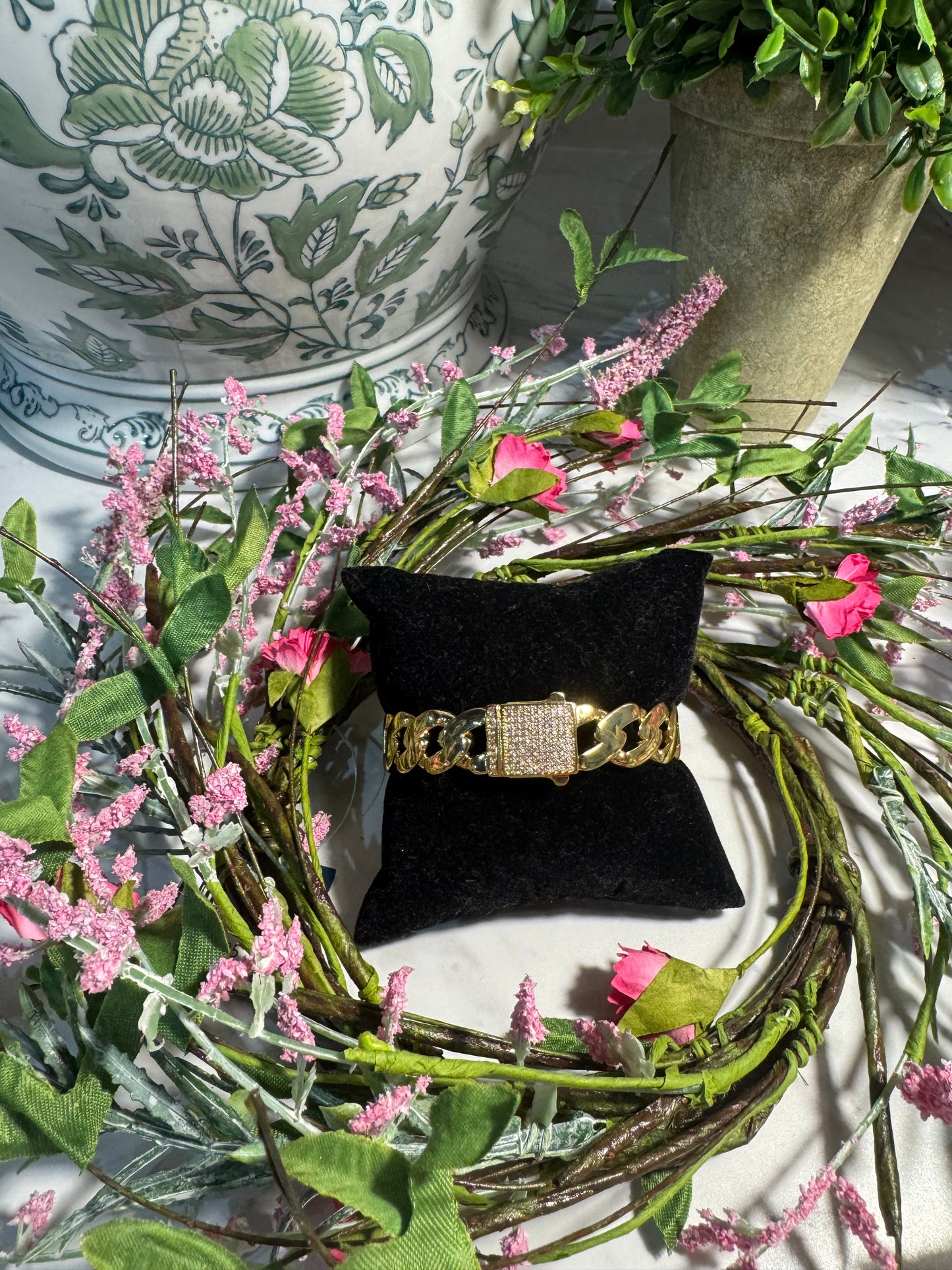 18K Gold Cuff Bracelet with Rhinestones
