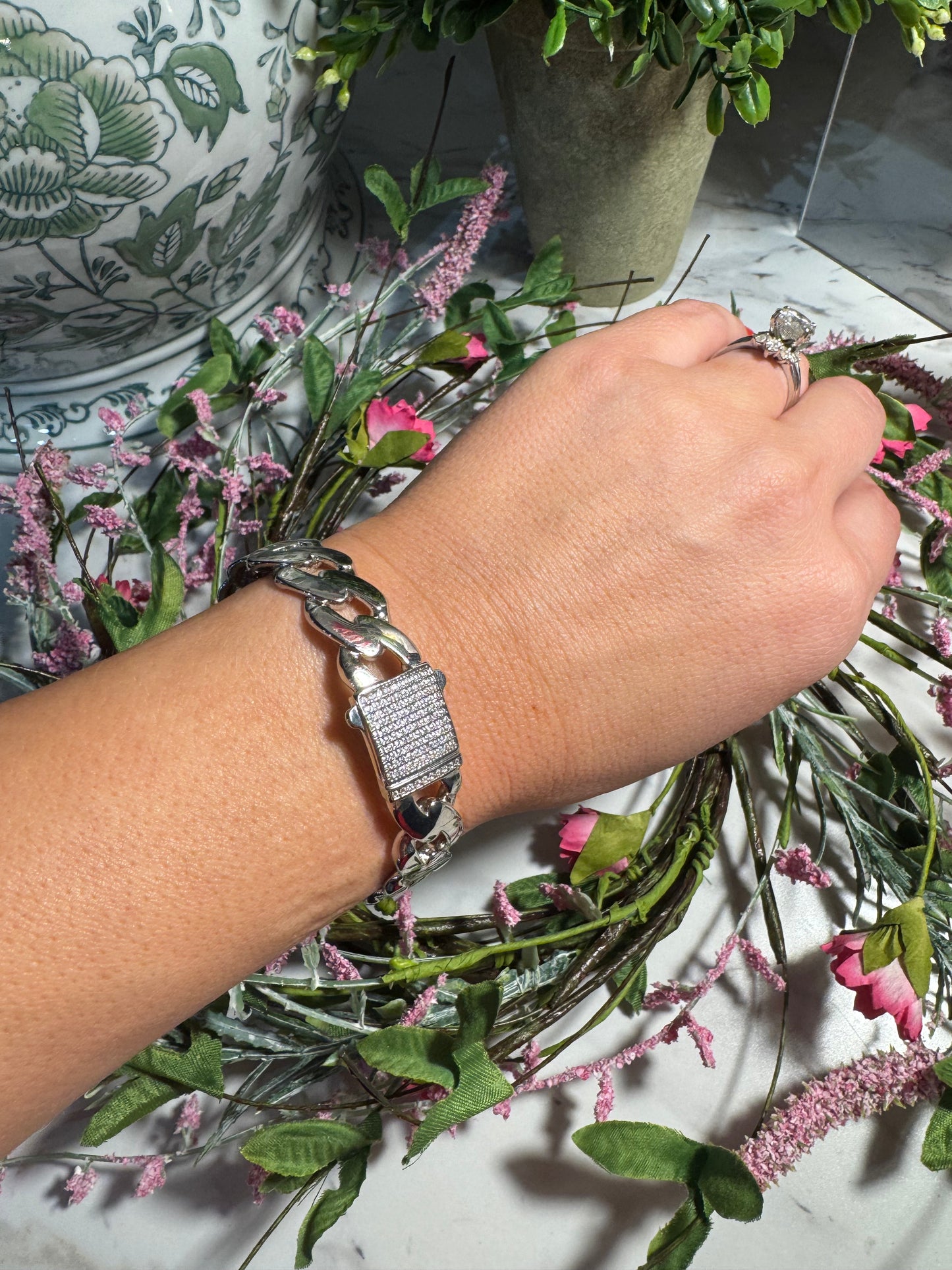 Renaud Silver Cuff Bracelet with Rhinestones