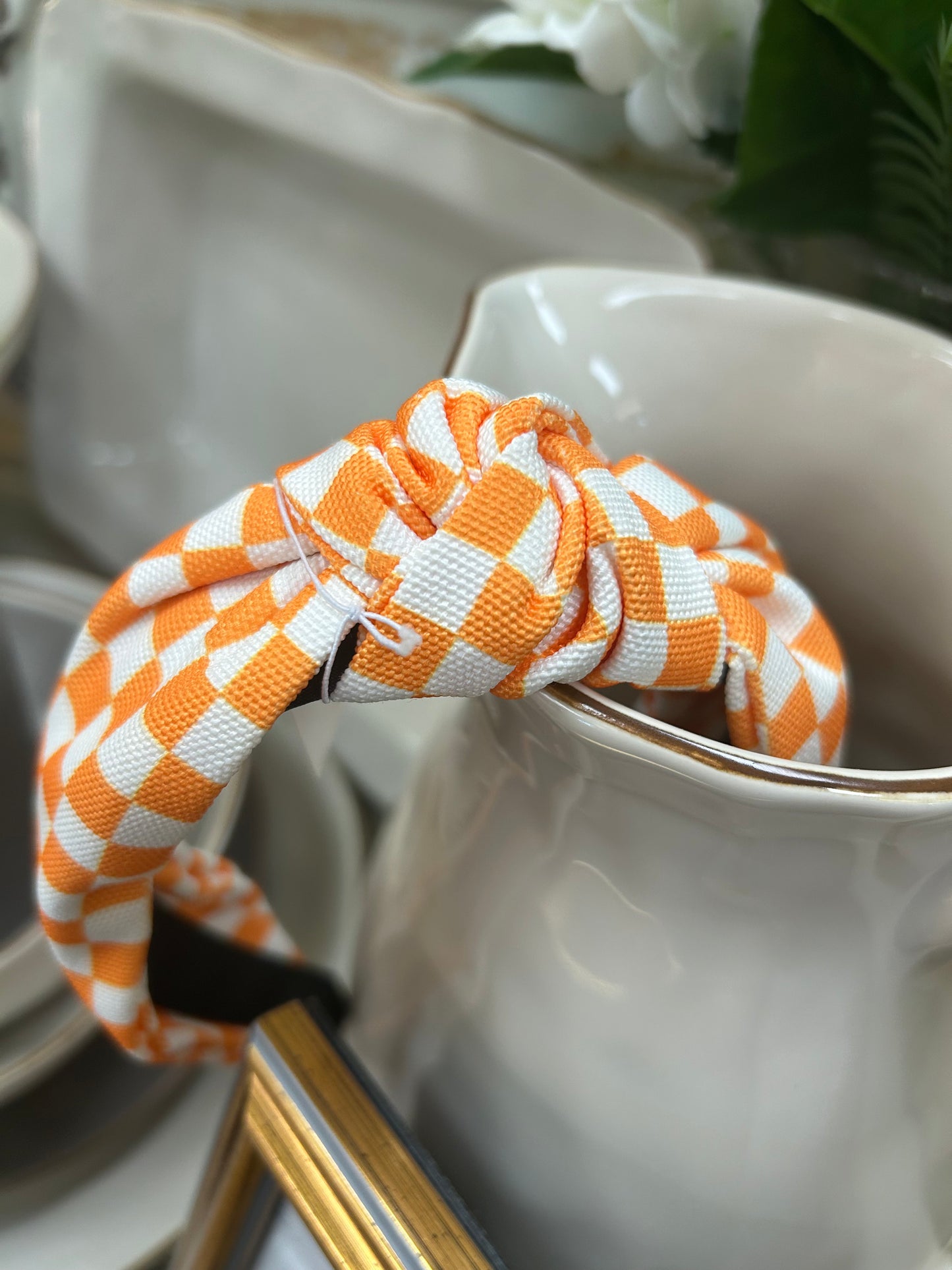 Orange and White Check Headband