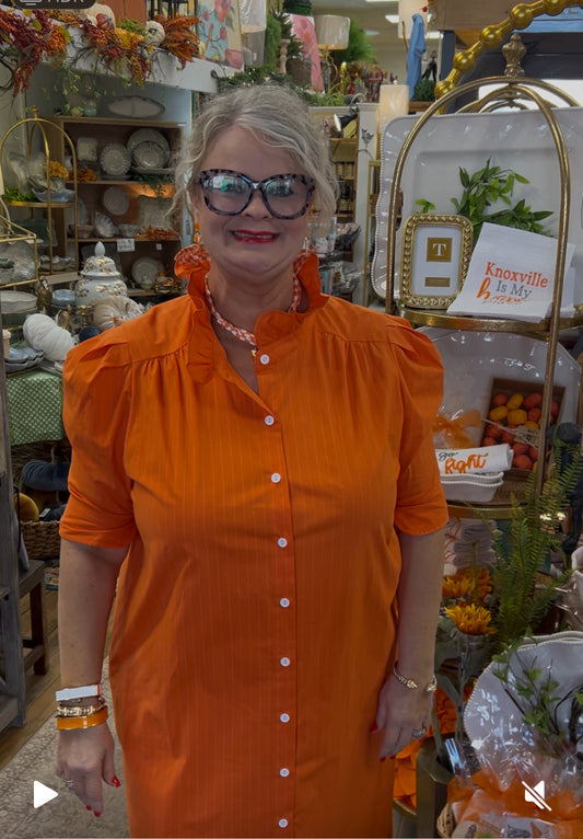 Orange Pin Stripe Dress with Ruffle Collar