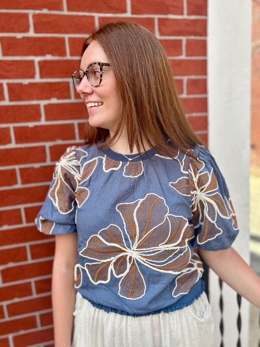 Floral Embroidery Blouse With Fringe