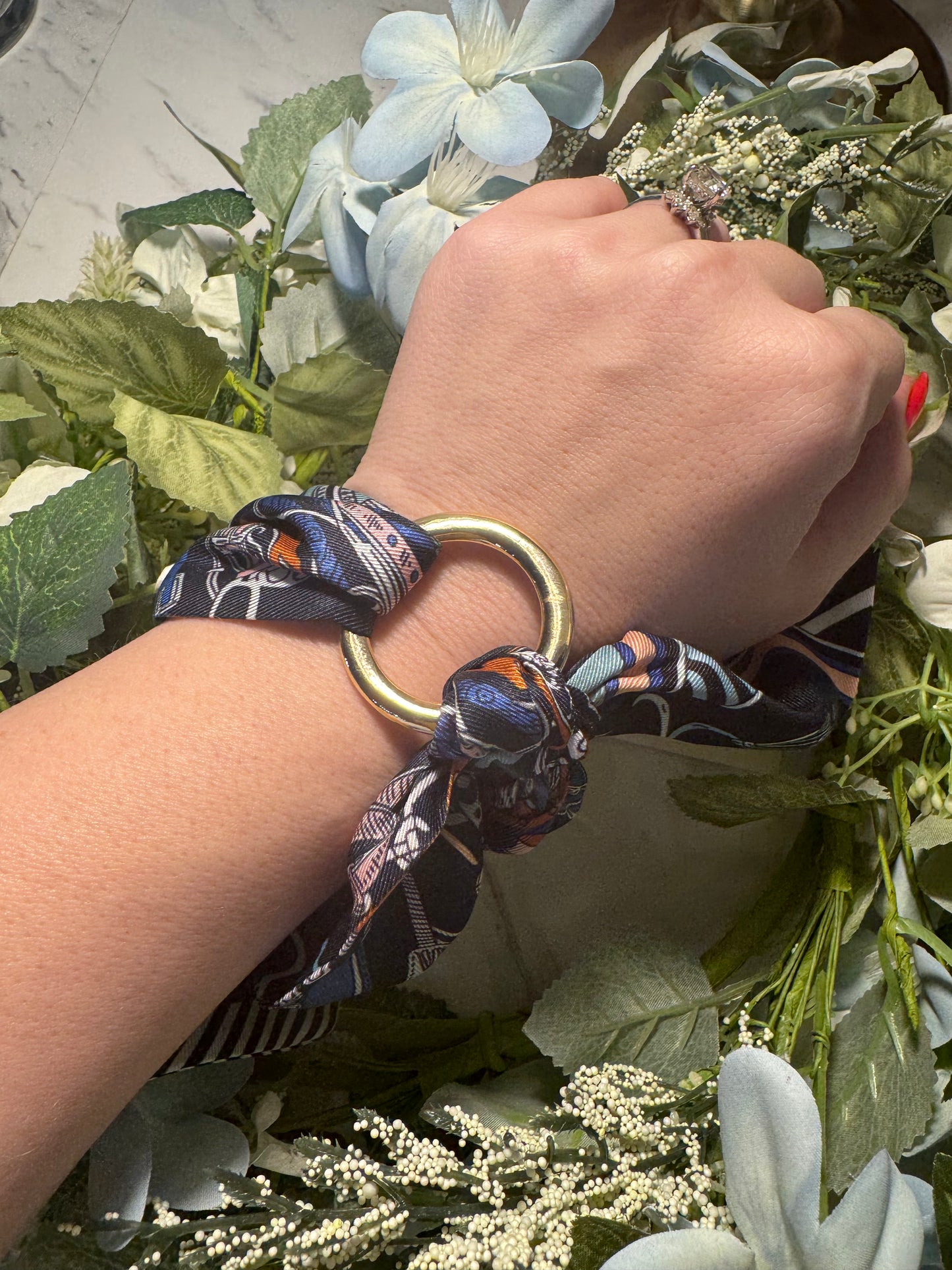 Navy Multi-Color Scarf Bracelet Wrap with Gold Ring Accent