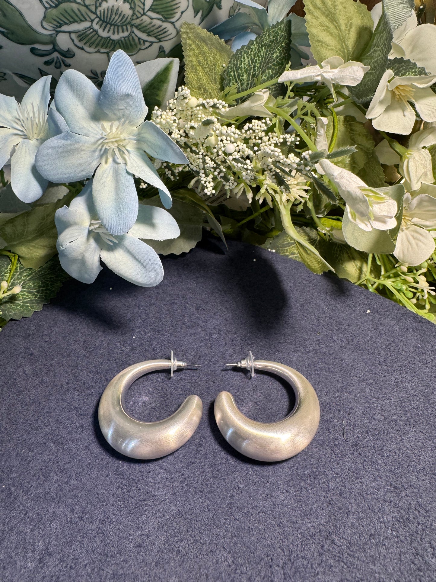Brushed Silver Crescent Hoop Earrings
