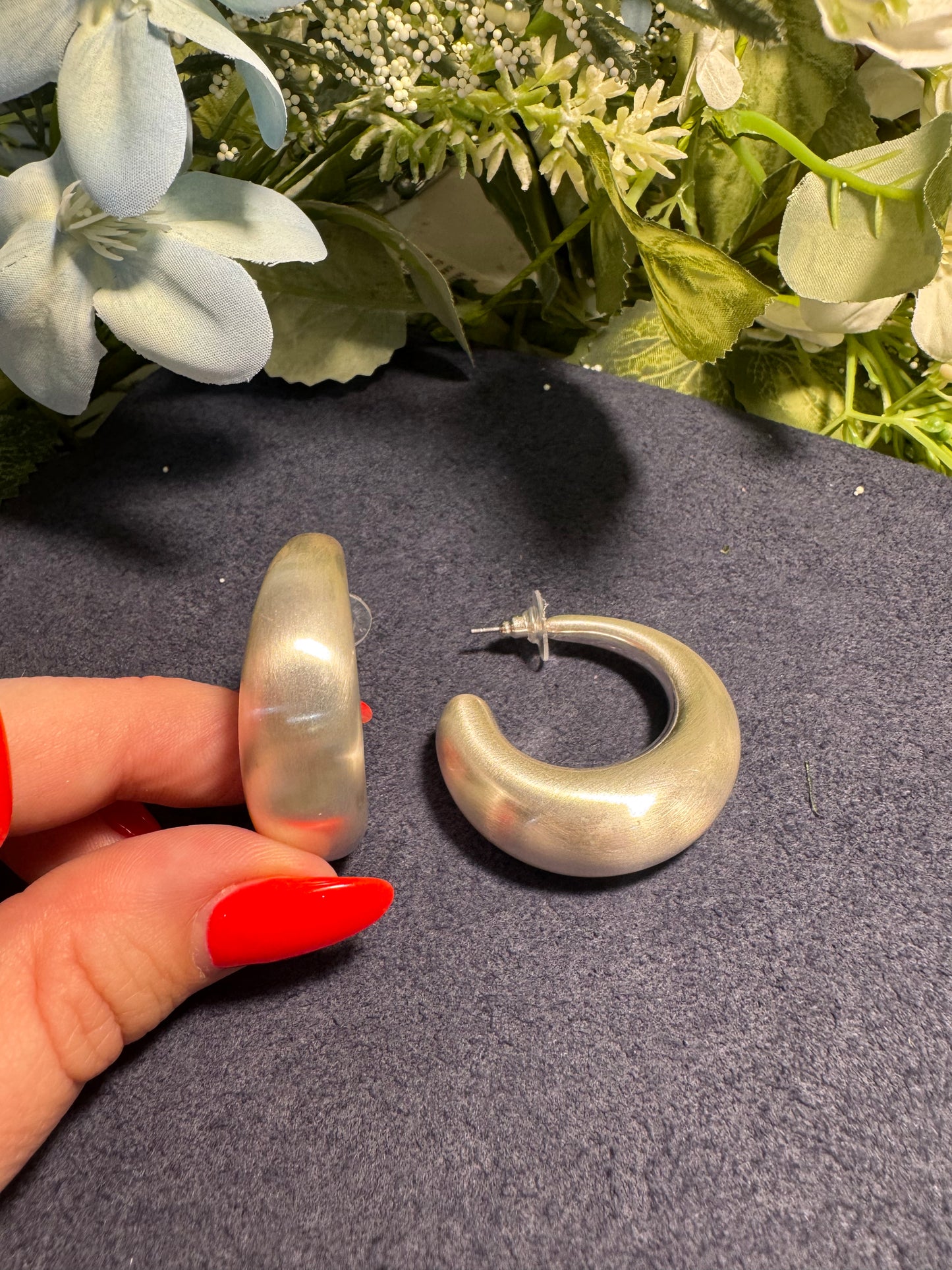 Brushed Silver Crescent Hoop Earrings