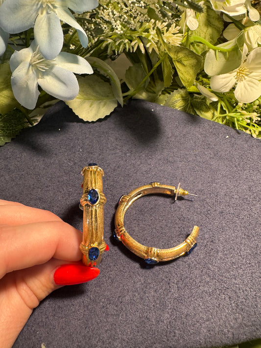 Sapphire Accent Hammered Hoop Earrings