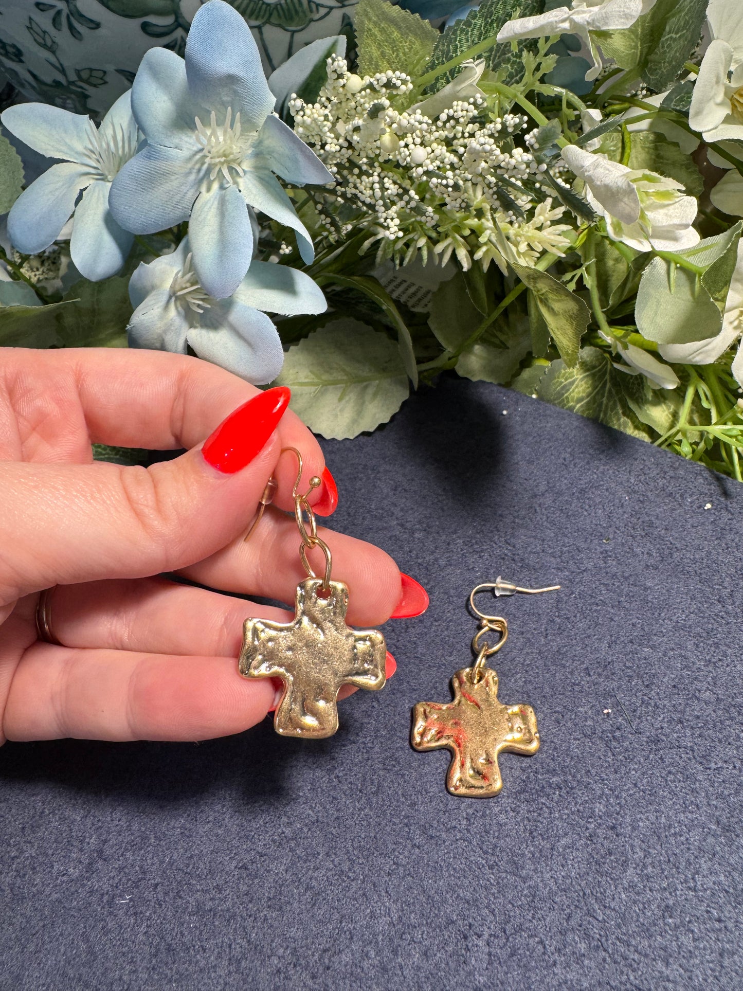 Hammered Gold Cross Drop Earrings