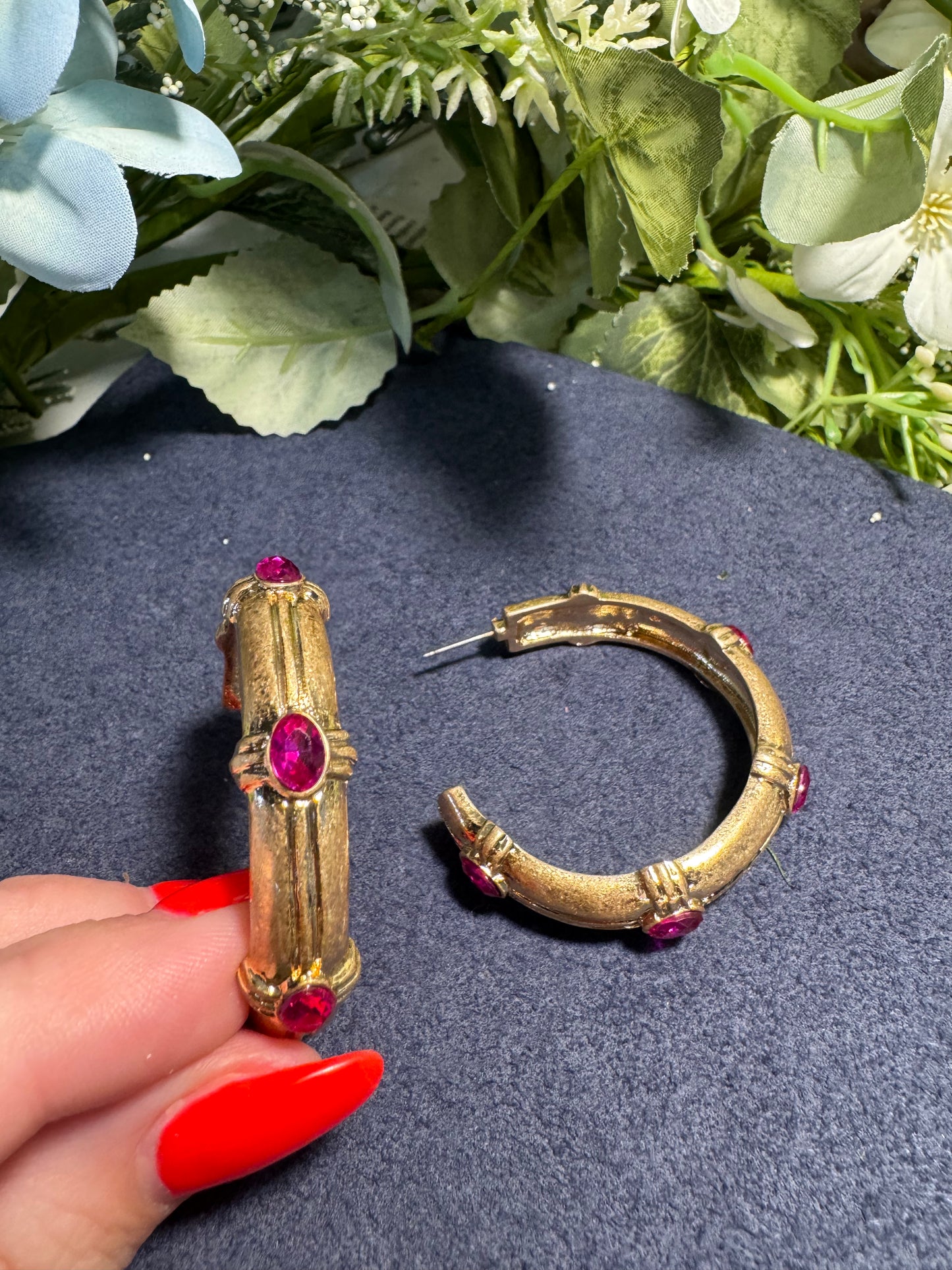 Ruby Accent Bamboo Hoop Earrings