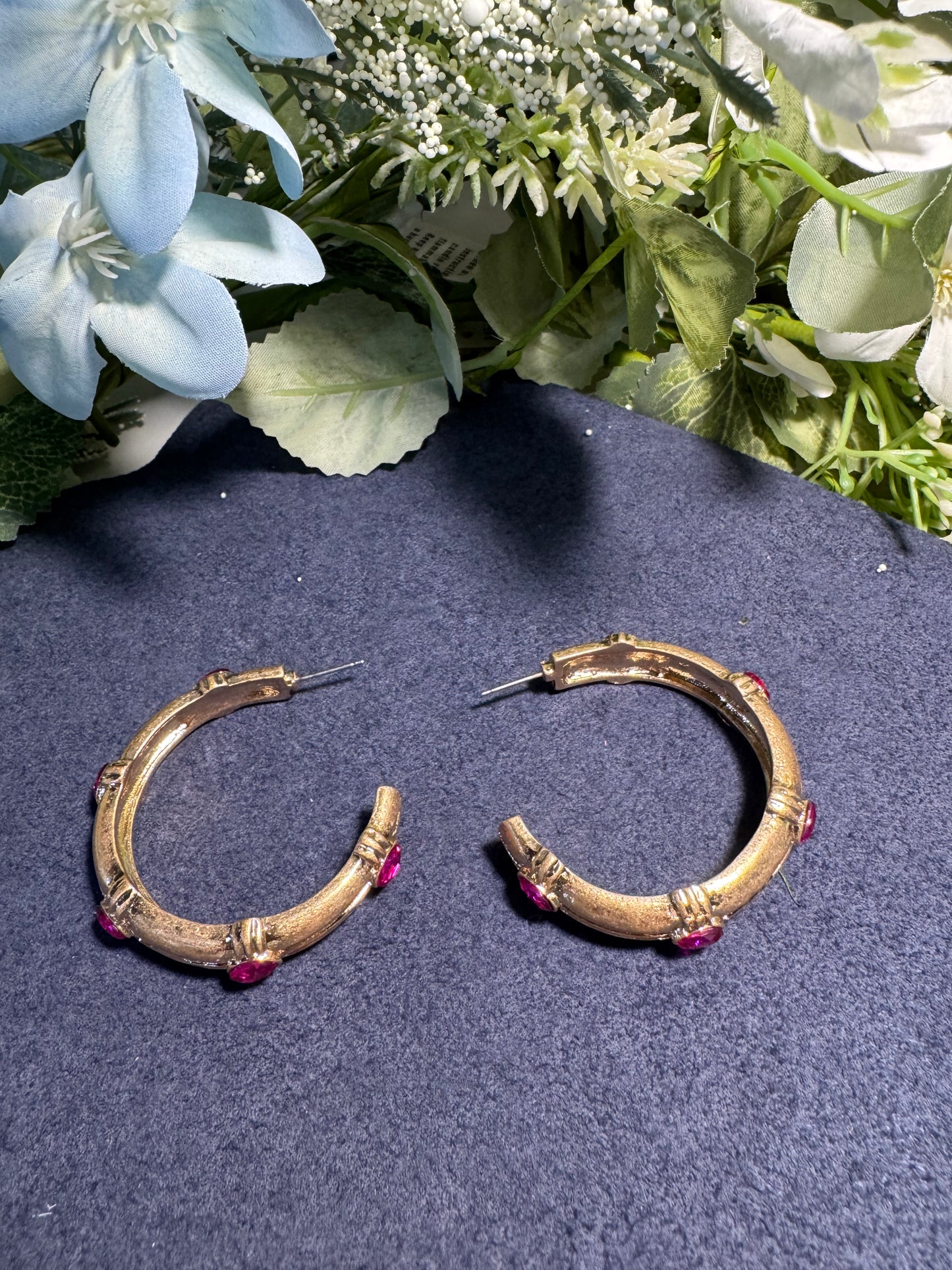 Ruby Accent Bamboo Hoop Earrings