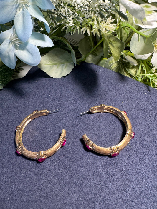 Ruby Accent Bamboo Hoop Earrings